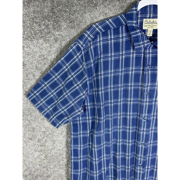 Cabelas Short Sleeve Knit Button Up Shirt Mens Size XL Blue Cotton Pocket Collar - Picture 6 of 14